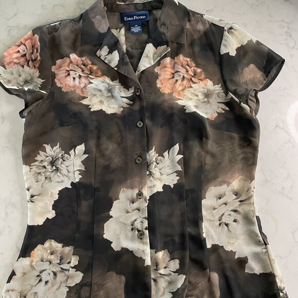 EVAN Picone cap sleeve Blouse Floral Semi Sheer button - Women's size 10 - Picture 9 of 13
